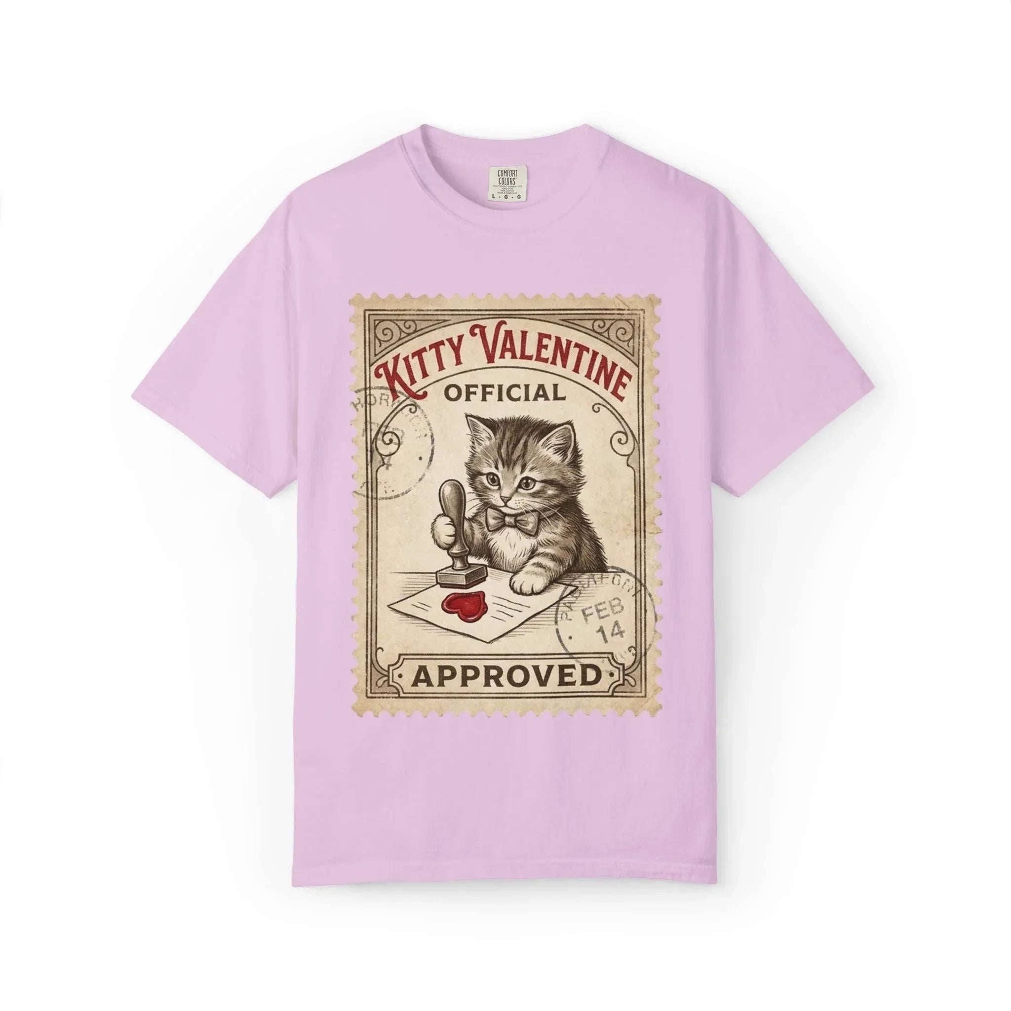 Kitty Valentine Official Approved T-Shirt | Vintage Kitten Stamp Graphic Tee | Retro Valentine Cat Lover Gift Shirt Orchid