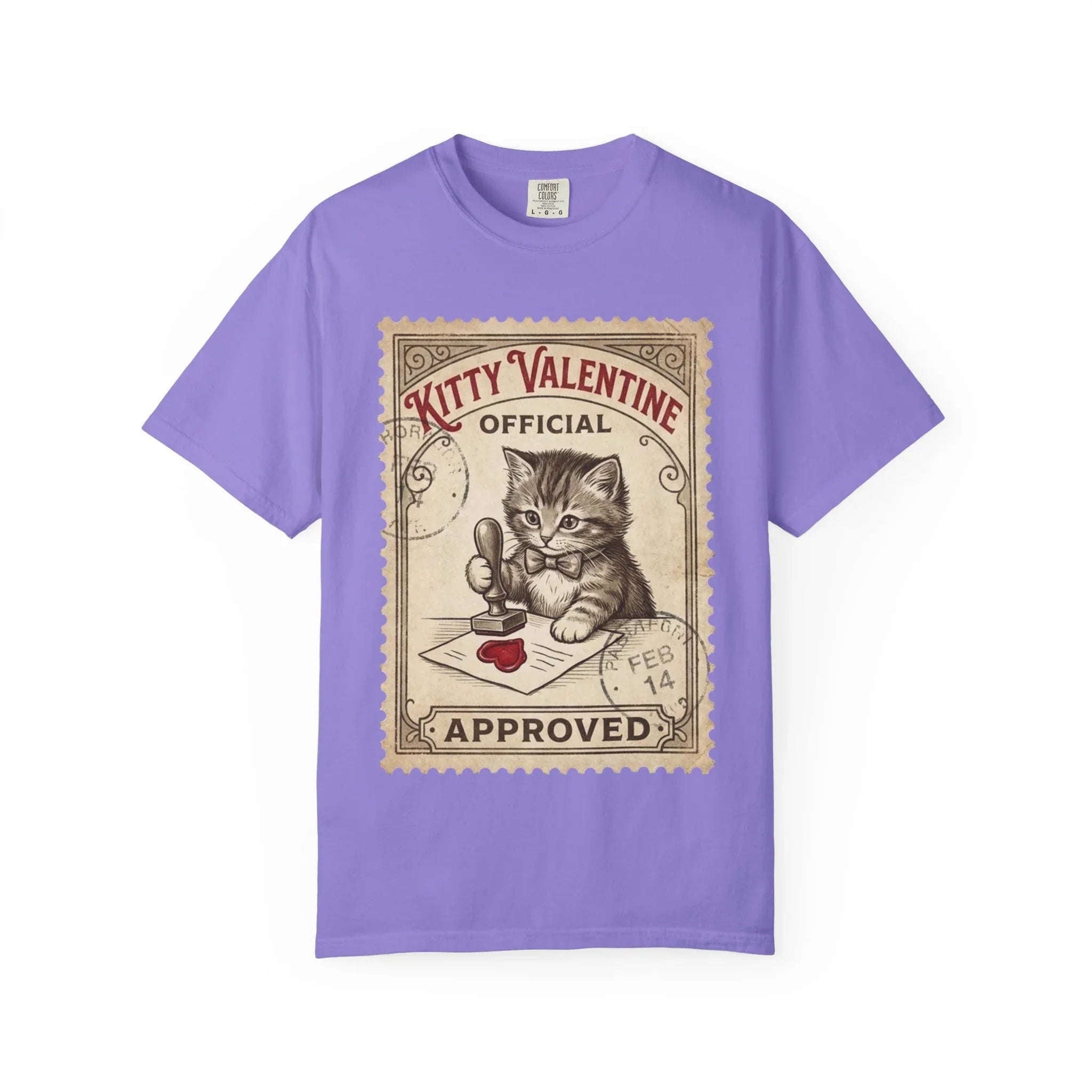 Kitty Valentine Official Approved T-Shirt | Vintage Kitten Stamp Graphic Tee | Retro Valentine Cat Lover Gift Shirt Violet