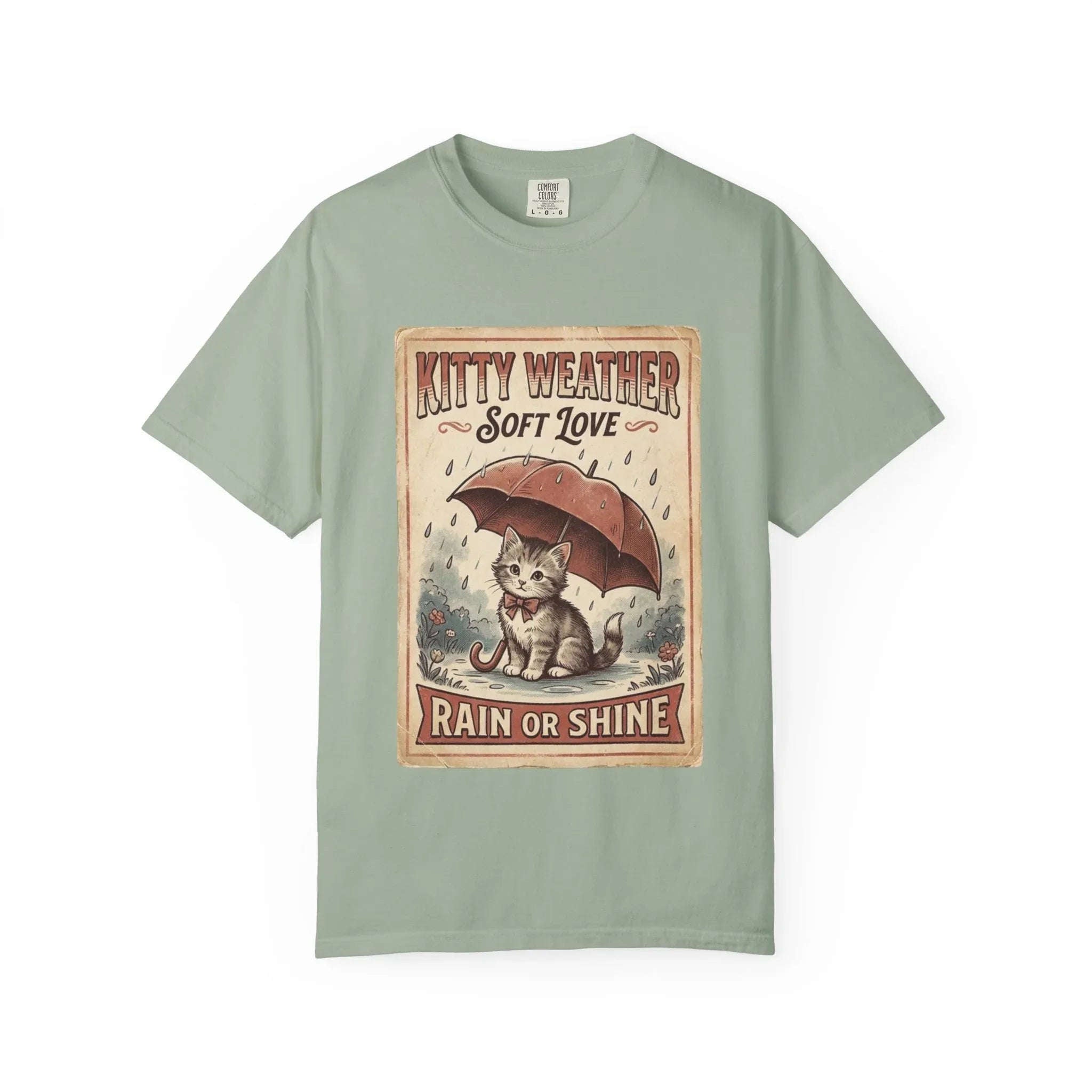 Kitty Weather Soft Love Shirt, Rain or Shine Cat T-Shirt, Umbrella Kitten Vintage Poster Tee, Cozy Rainy Day Cat Lover Gift Bay