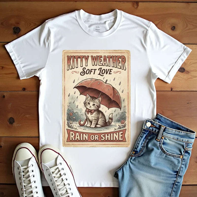 Kitty Weather Soft Love Shirt, Rain or Shine Cat T-Shirt, Umbrella Kitten Vintage Poster Tee, Cozy Rainy Day Cat Lover Gift White