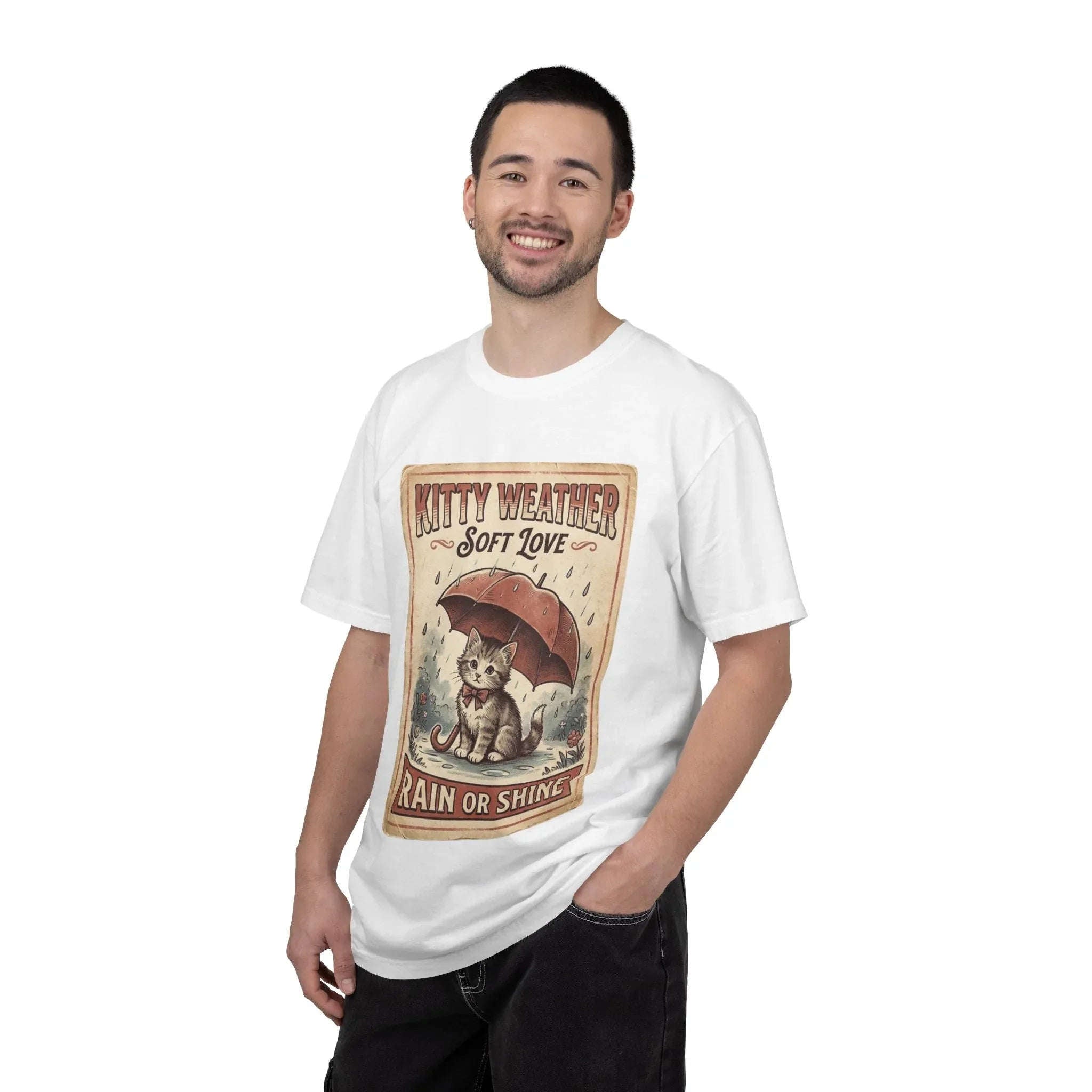 Kitty Weather Soft Love Shirt, Rain or Shine Cat T-Shirt, Umbrella Kitten Vintage Poster Tee, Cozy Rainy Day Cat Lover Gift