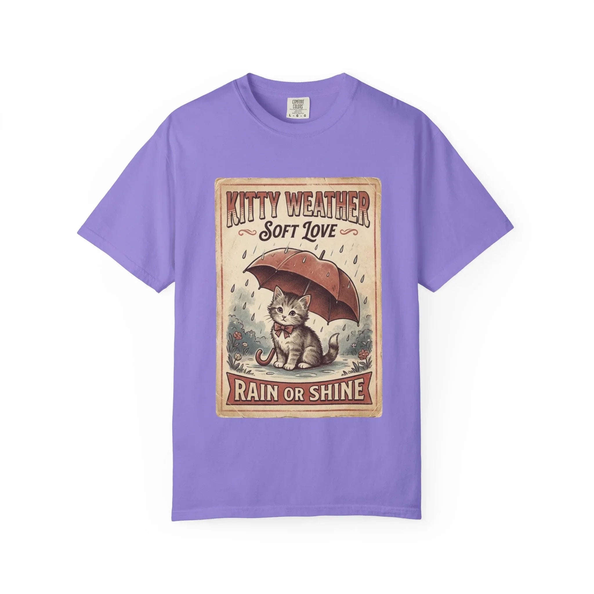 Kitty Weather Soft Love Shirt, Rain or Shine Cat T-Shirt, Umbrella Kitten Vintage Poster Tee, Cozy Rainy Day Cat Lover Gift Violet