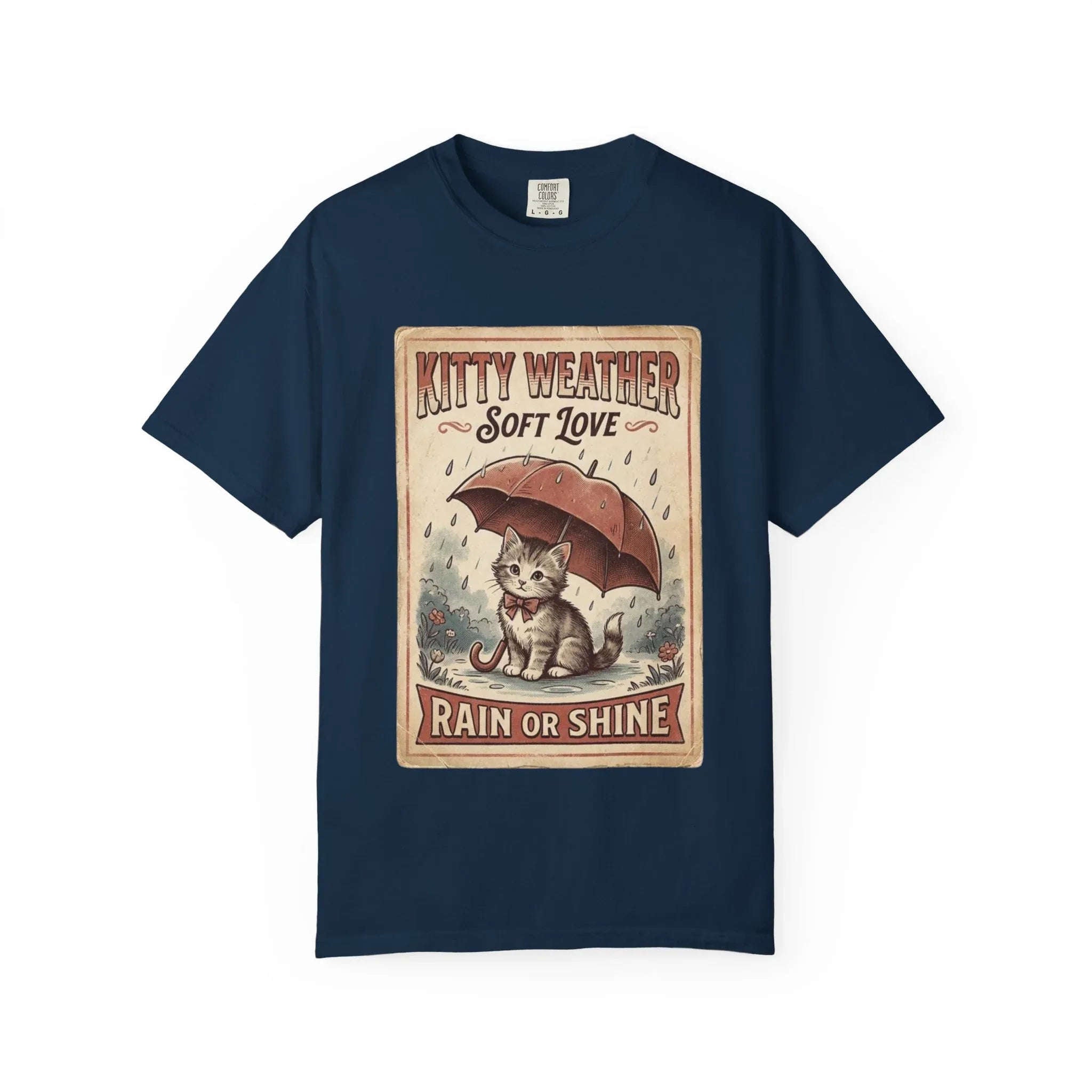 Kitty Weather Soft Love Shirt, Rain or Shine Cat T-Shirt, Umbrella Kitten Vintage Poster Tee, Cozy Rainy Day Cat Lover Gift True Navy