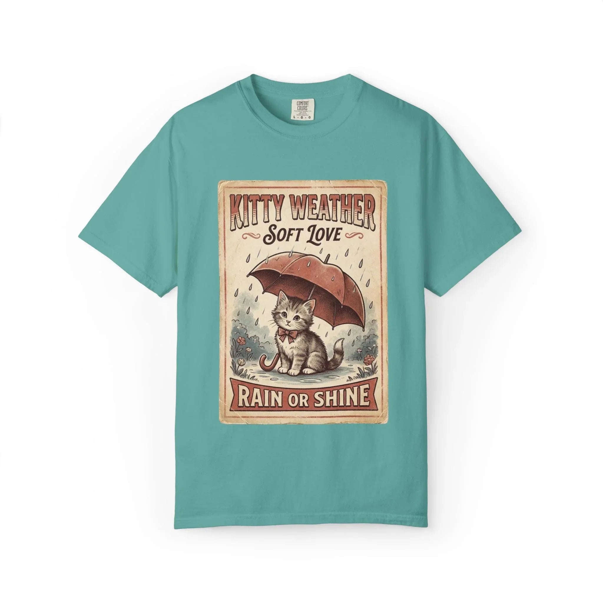 Kitty Weather Soft Love Shirt, Rain or Shine Cat T-Shirt, Umbrella Kitten Vintage Poster Tee, Cozy Rainy Day Cat Lover Gift Seafoam