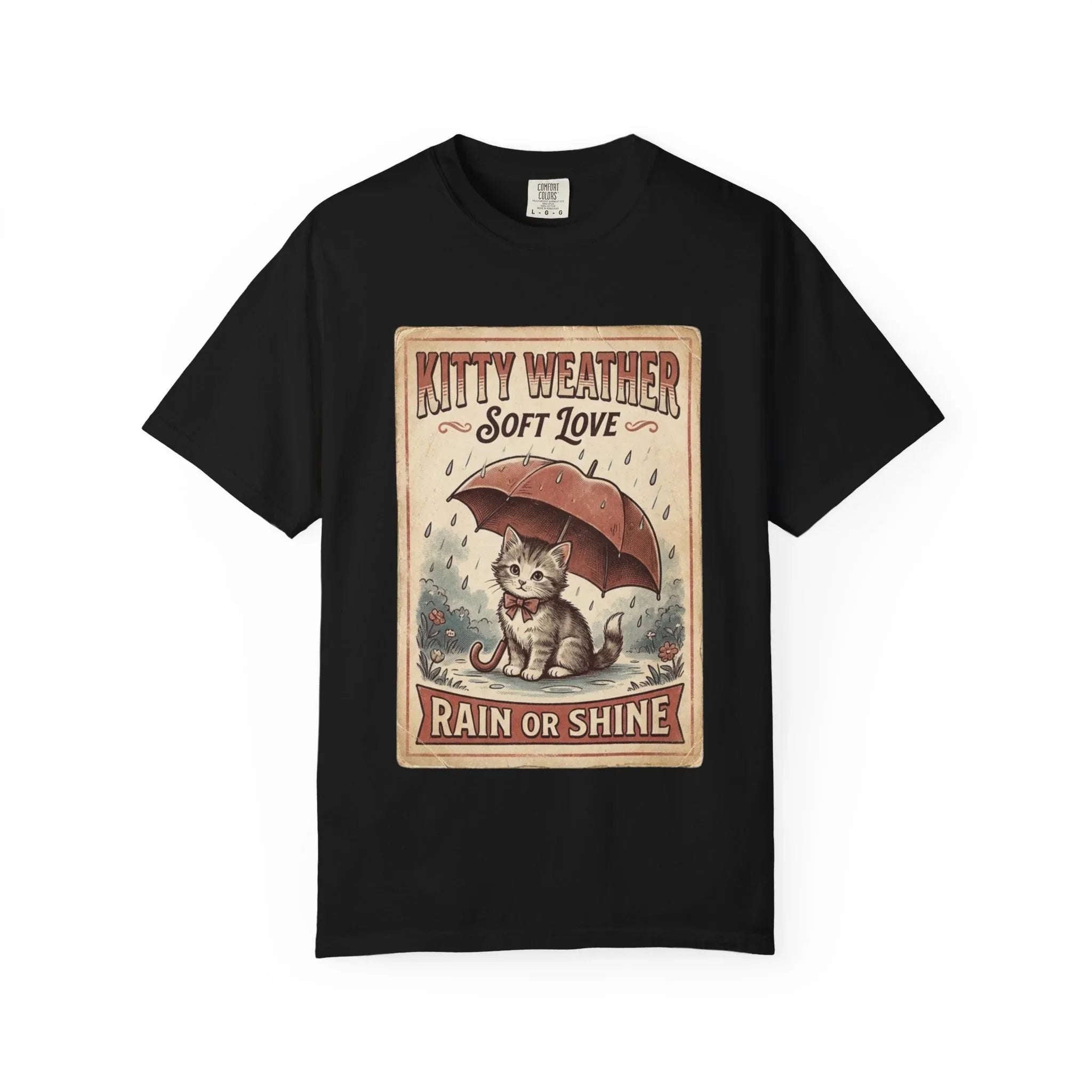 Kitty Weather Soft Love Shirt, Rain or Shine Cat T-Shirt, Umbrella Kitten Vintage Poster Tee, Cozy Rainy Day Cat Lover Gift Black
