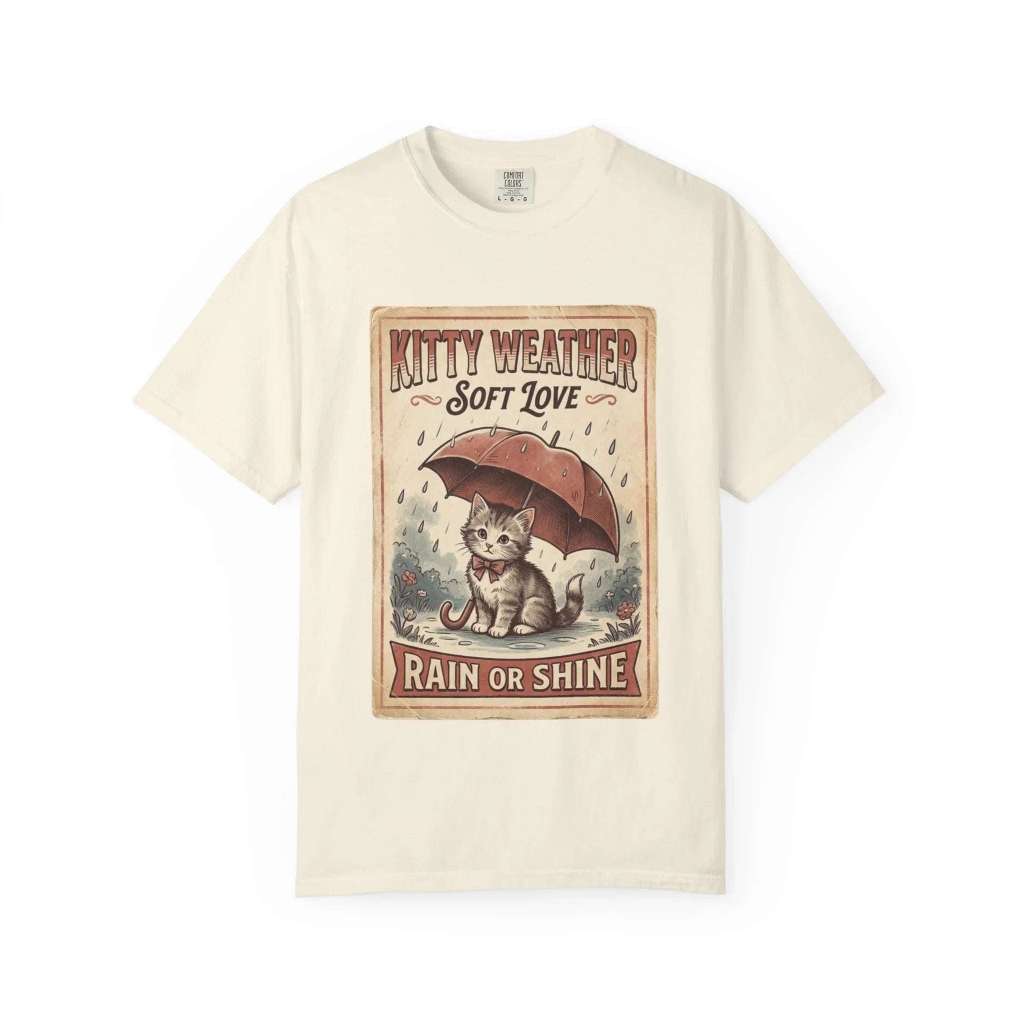 Kitty Weather Soft Love Shirt, Rain or Shine Cat T-Shirt, Umbrella Kitten Vintage Poster Tee, Cozy Rainy Day Cat Lover Gift Ivory