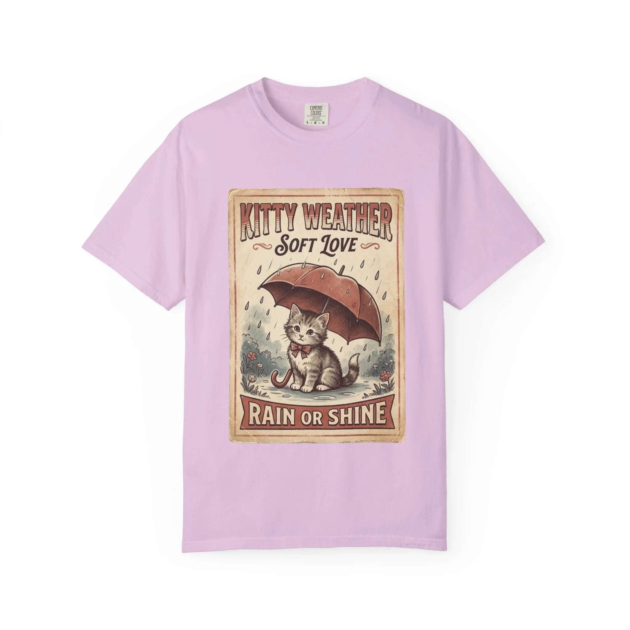 Kitty Weather Soft Love Shirt, Rain or Shine Cat T-Shirt, Umbrella Kitten Vintage Poster Tee, Cozy Rainy Day Cat Lover Gift Orchid