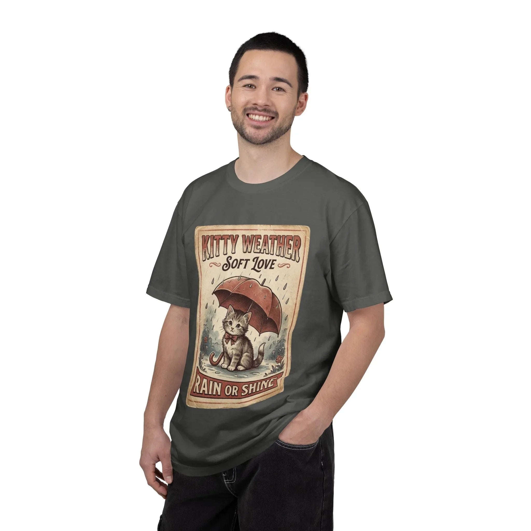 Kitty Weather Soft Love Shirt, Rain or Shine Cat T-Shirt, Umbrella Kitten Vintage Poster Tee, Cozy Rainy Day Cat Lover Gift