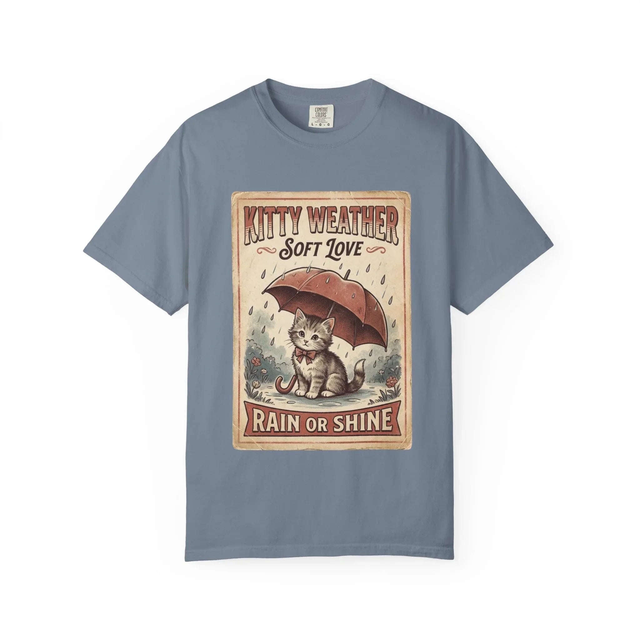 Kitty Weather Soft Love Shirt, Rain or Shine Cat T-Shirt, Umbrella Kitten Vintage Poster Tee, Cozy Rainy Day Cat Lover Gift Blue Jean