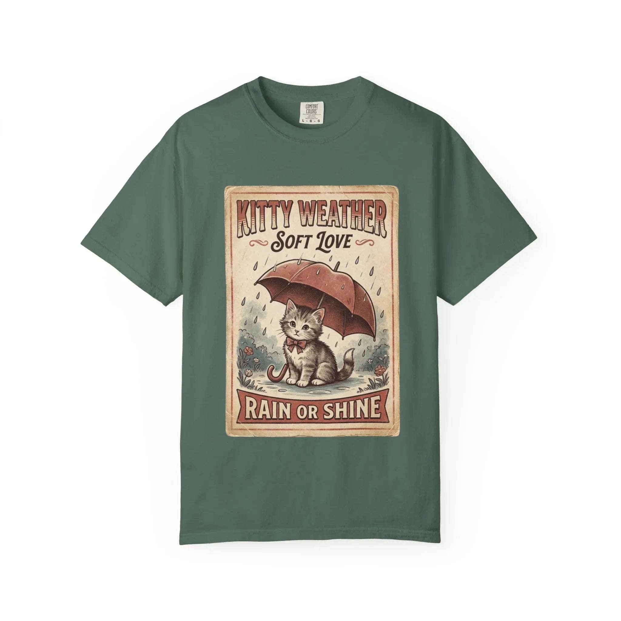 Kitty Weather Soft Love Shirt, Rain or Shine Cat T-Shirt, Umbrella Kitten Vintage Poster Tee, Cozy Rainy Day Cat Lover Gift Blue Spruce
