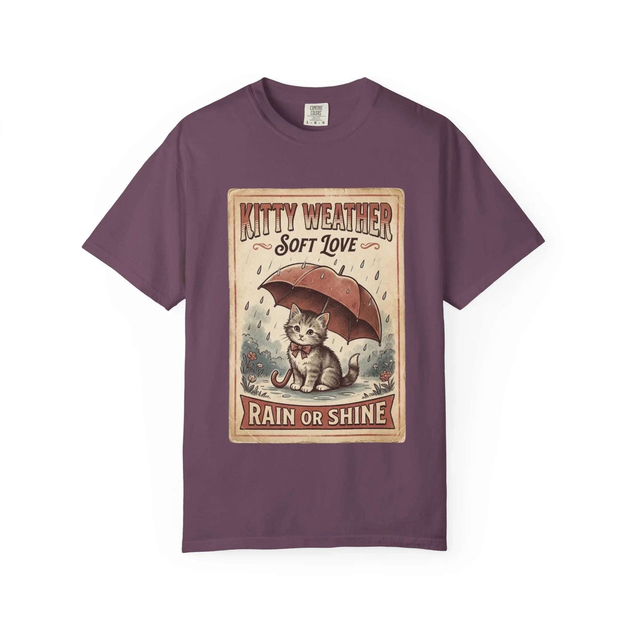 Kitty Weather Soft Love Shirt, Rain or Shine Cat T-Shirt, Umbrella Kitten Vintage Poster Tee, Cozy Rainy Day Cat Lover Gift Berry M