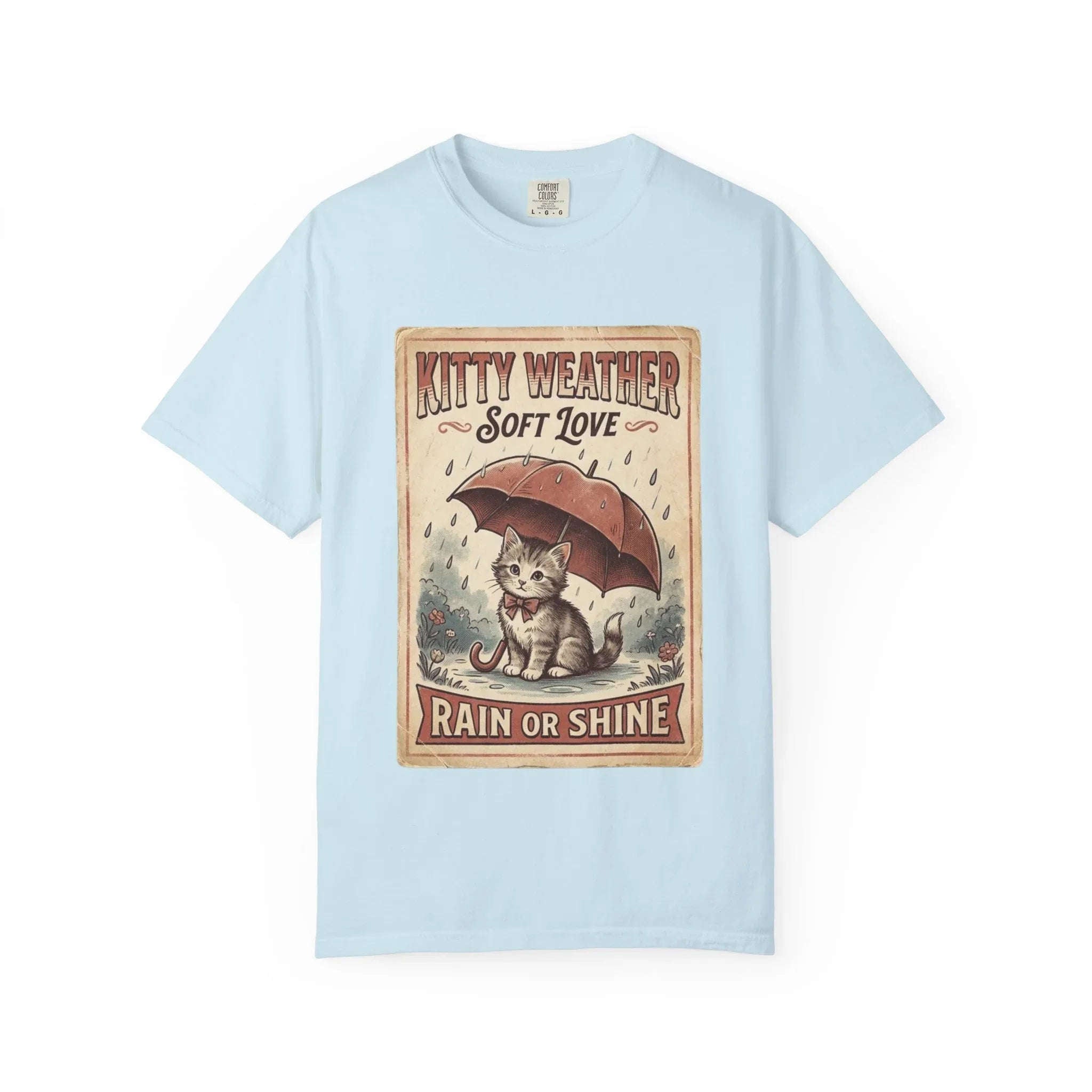 Kitty Weather Soft Love Shirt, Rain or Shine Cat T-Shirt, Umbrella Kitten Vintage Poster Tee, Cozy Rainy Day Cat Lover Gift Chambray