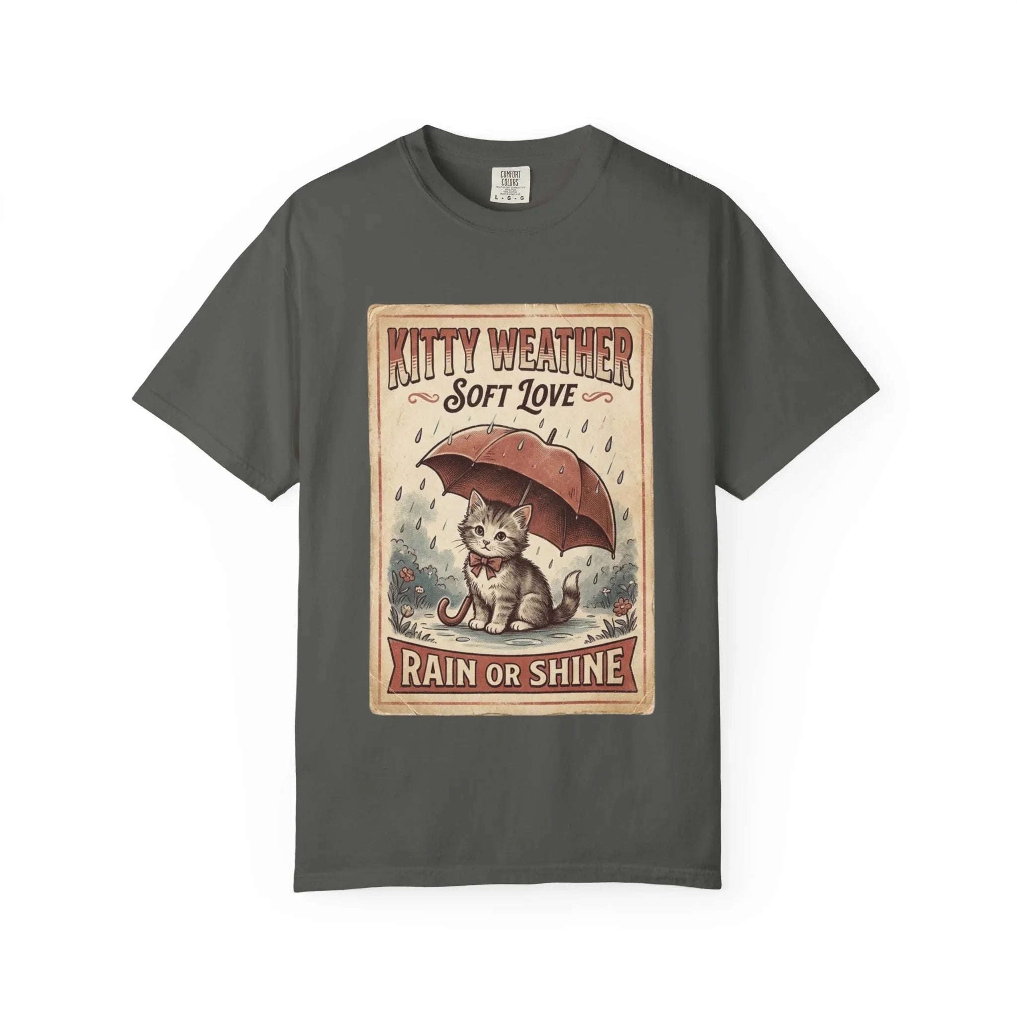 Kitty Weather Soft Love Shirt, Rain or Shine Cat T-Shirt, Umbrella Kitten Vintage Poster Tee, Cozy Rainy Day Cat Lover Gift Pepper