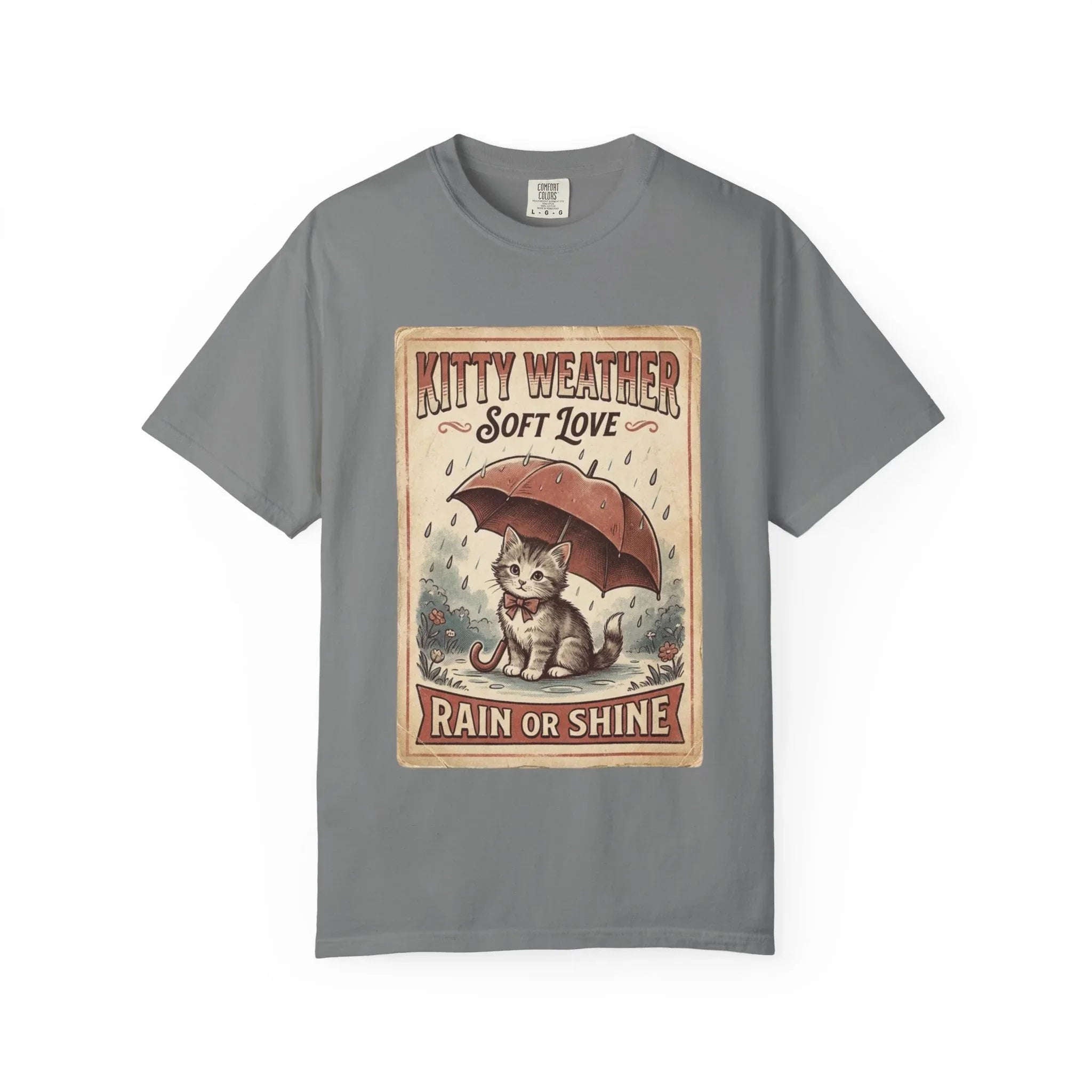 Kitty Weather Soft Love Shirt, Rain or Shine Cat T-Shirt, Umbrella Kitten Vintage Poster Tee, Cozy Rainy Day Cat Lover Gift Grey