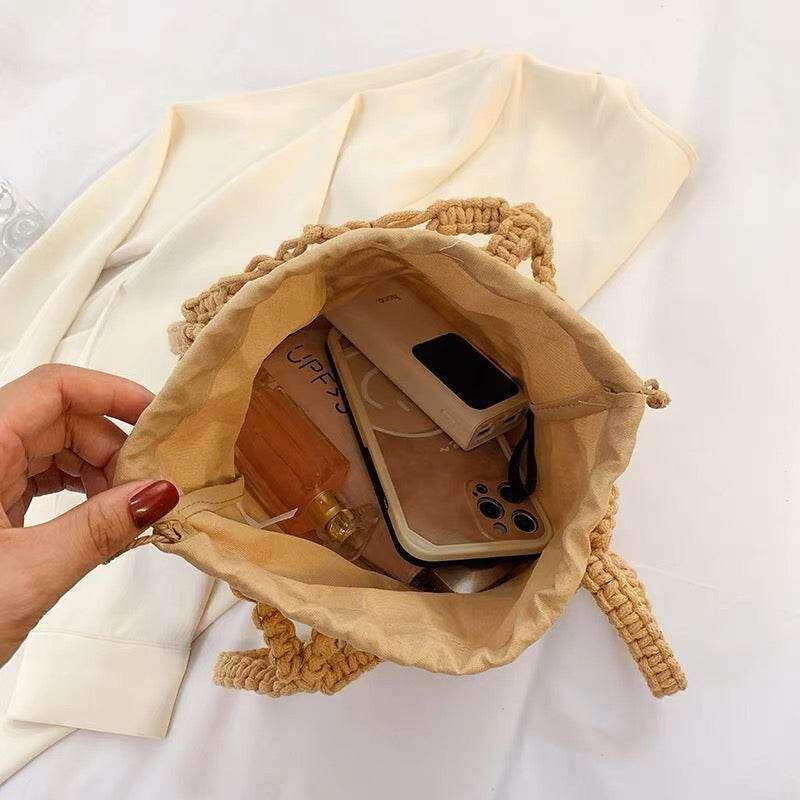 Korean Handmade Crossbody Bag - Minimalist Cotton Bucket Bag with Drawstring Closure & Inner Pouch in 3 Colors