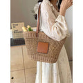 Korean Handwoven Basket Bag - Elegant Shoulder Tote for Stylish Women khaki