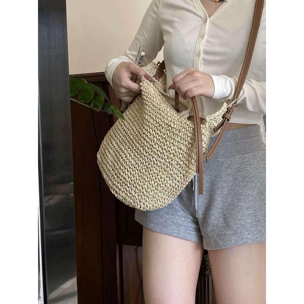 Korean Handwoven Cotton Tote Bag with Adjustable Long Strap and Lining - 21cm x 30cm, 60cm Strap Length