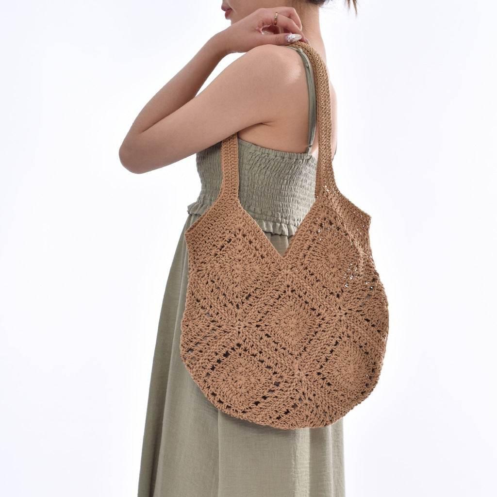 Korean Handwoven Cotton Tote Bag with Linen Lining & Magnetic Closure - Natural Rope Bag for Women khaki