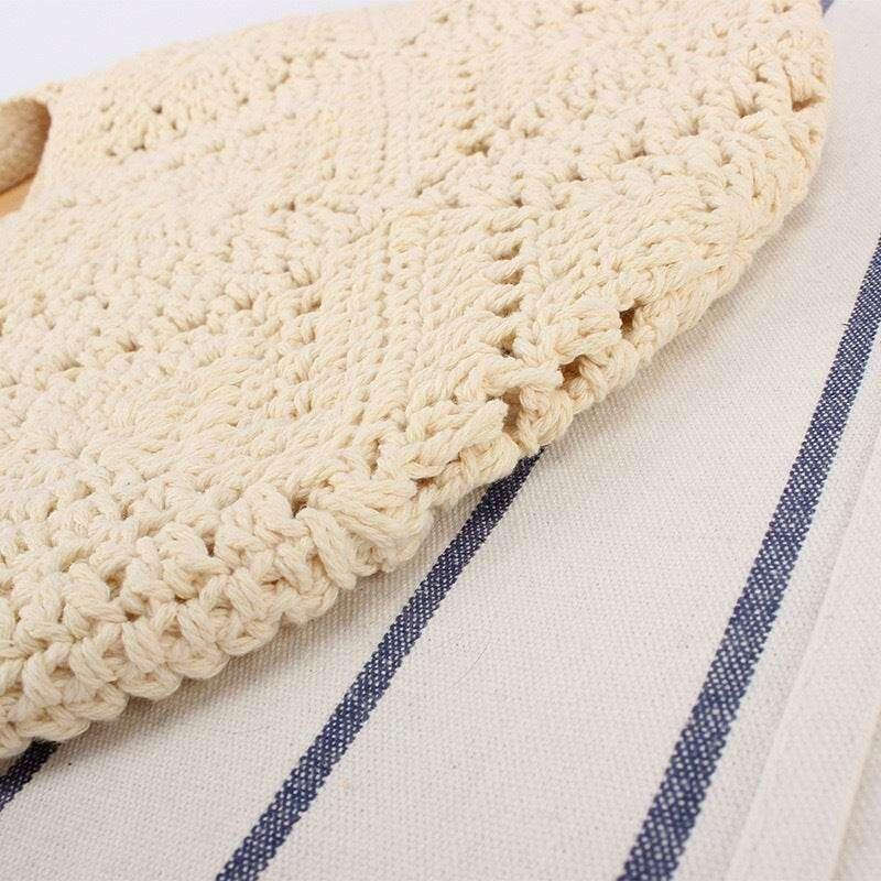Korean Handwoven Cotton Tote Bag with Linen Lining & Magnetic Closure - Natural Rope Bag for Women