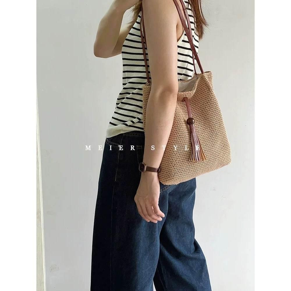 Korean Style Cotton Woven Shoulder Bag for Women - Handmade with Lining & Magnetic Closure, 30cm x 25cm