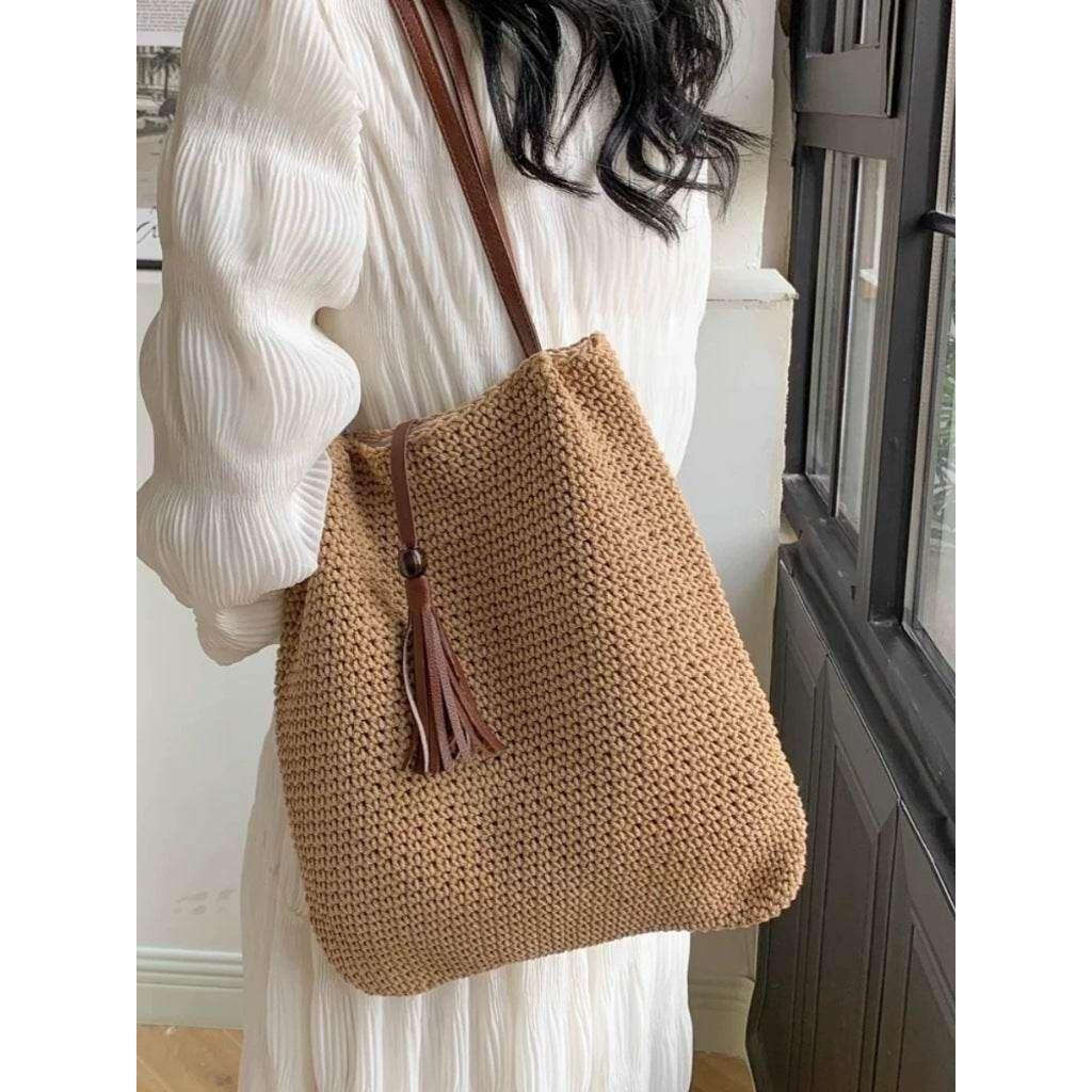 Korean Style Cotton Woven Shoulder Bag for Women - Handmade with Lining & Magnetic Closure, 30cm x 25cm