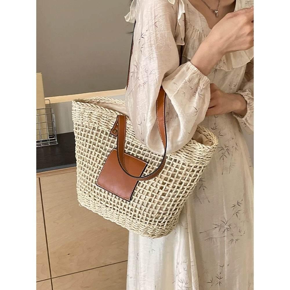 Korean Handwoven Basket Bag - Elegant Shoulder Tote for Stylish Women