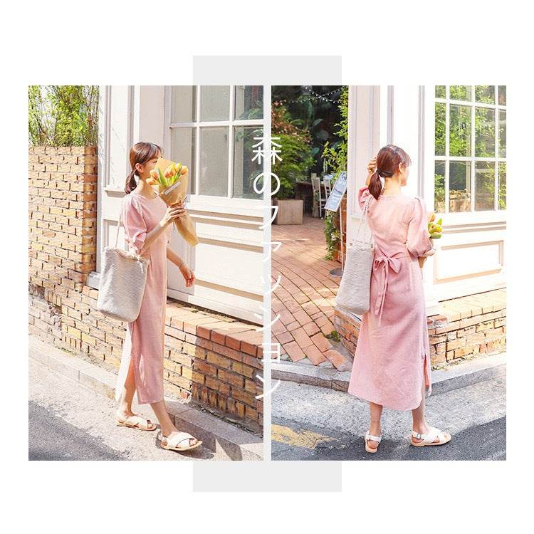Woman wearing pink dress carrying Korean style handwoven shoulder bag while holding flowers outdoors