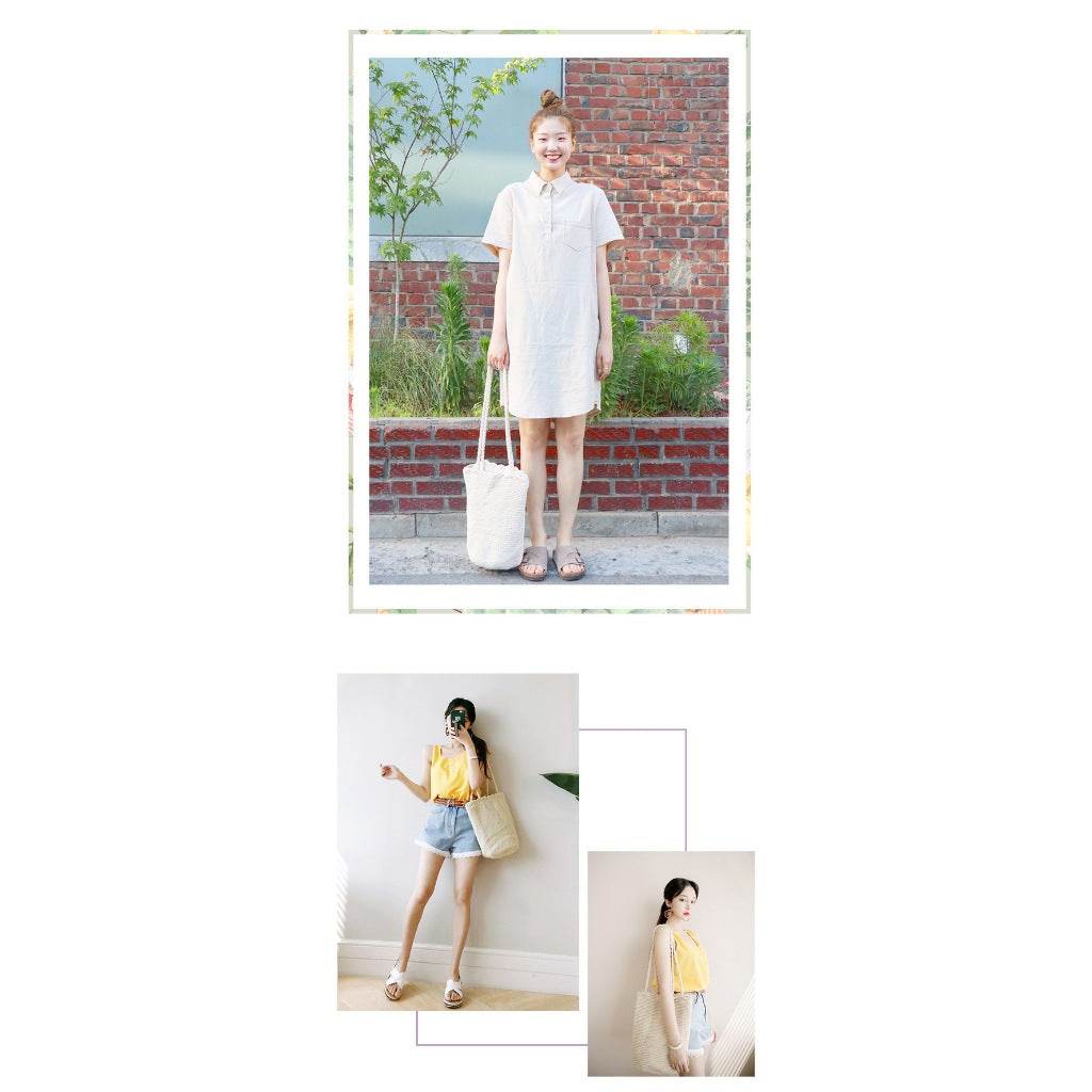 Korean style handwoven shoulder bag carried by women in casual summer outfits from One-Sake.com