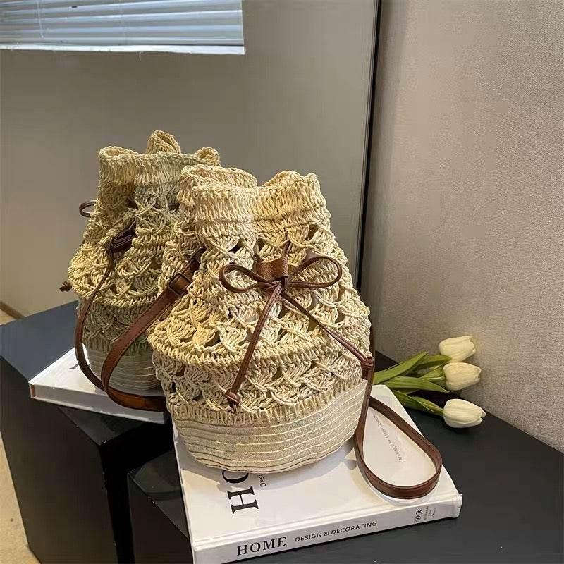 Korean Woven Shoulder Bag for Women - Natural Woven Design, Zipper & Adjustable Strap, 28x20cm, Available in 3 Colors Off white