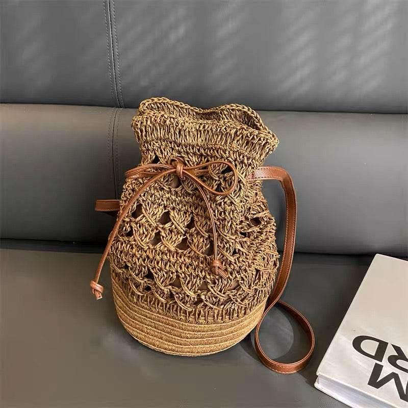 Korean Woven Shoulder Bag for Women - Natural Woven Design, Zipper & Adjustable Strap, 28x20cm, Available in 3 Colors Khaki