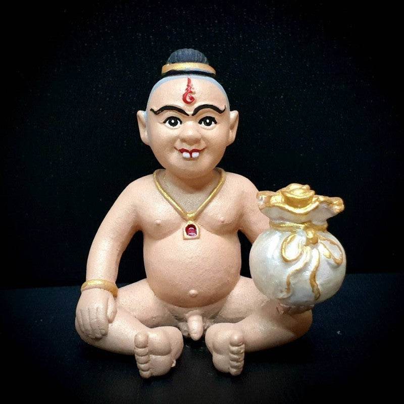Kuman Chao Sua Noi rich guardian talisman figurine holding a gold bag for prosperity and good fortune