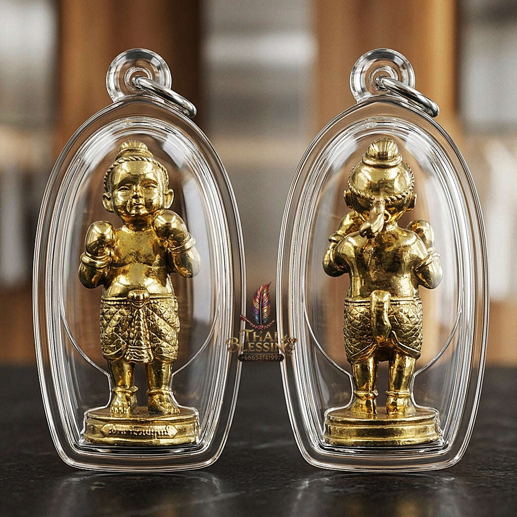 ✨ Kuman Setthi Faet Siam Aum Tukta Nuea Thong Lueang  Twin Millionaire Kuman Thong Holding Dolls - Sacred Brass Wealth, Child Spirit Companionship, & Commercial Prosperity Thai Blessing Co By RURUECHA