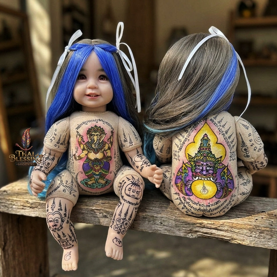 Authentic Thai Kumaree Look Thep Female Spirit Child Doll - Two-Tone Blue & Brown Hair Edition with Hand-Inscribed Colored Ganesha & Rahu Yantras by Achan Sombat for Success, Wealth & Protection