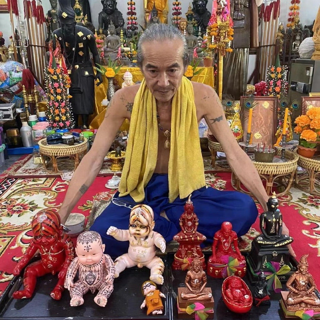 Authentic Thai Kumaree Look Thep Female Spirit Child Doll - Two-Tone Blue & Brown Hair Edition with Hand-Inscribed Colored Ganesha & Rahu Yantras by Achan Sombat for Success, Wealth & Protection