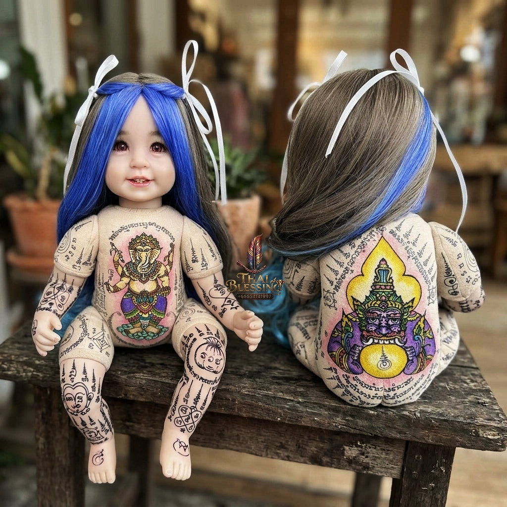 Authentic Thai Kumaree Look Thep Female Spirit Child Doll - Two-Tone Blue & Brown Hair Edition with Hand-Inscribed Colored Ganesha & Rahu Yantras by Achan Sombat for Success, Wealth & Protection