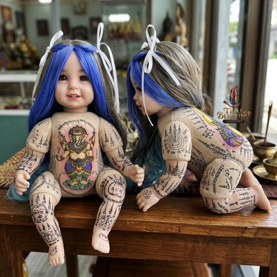 Authentic Thai Kumaree Look Thep Female Spirit Child Doll - Two-Tone Blue & Brown Hair Edition with Hand-Inscribed Colored Ganesha & Rahu Yantras by Achan Sombat for Success, Wealth & Protection