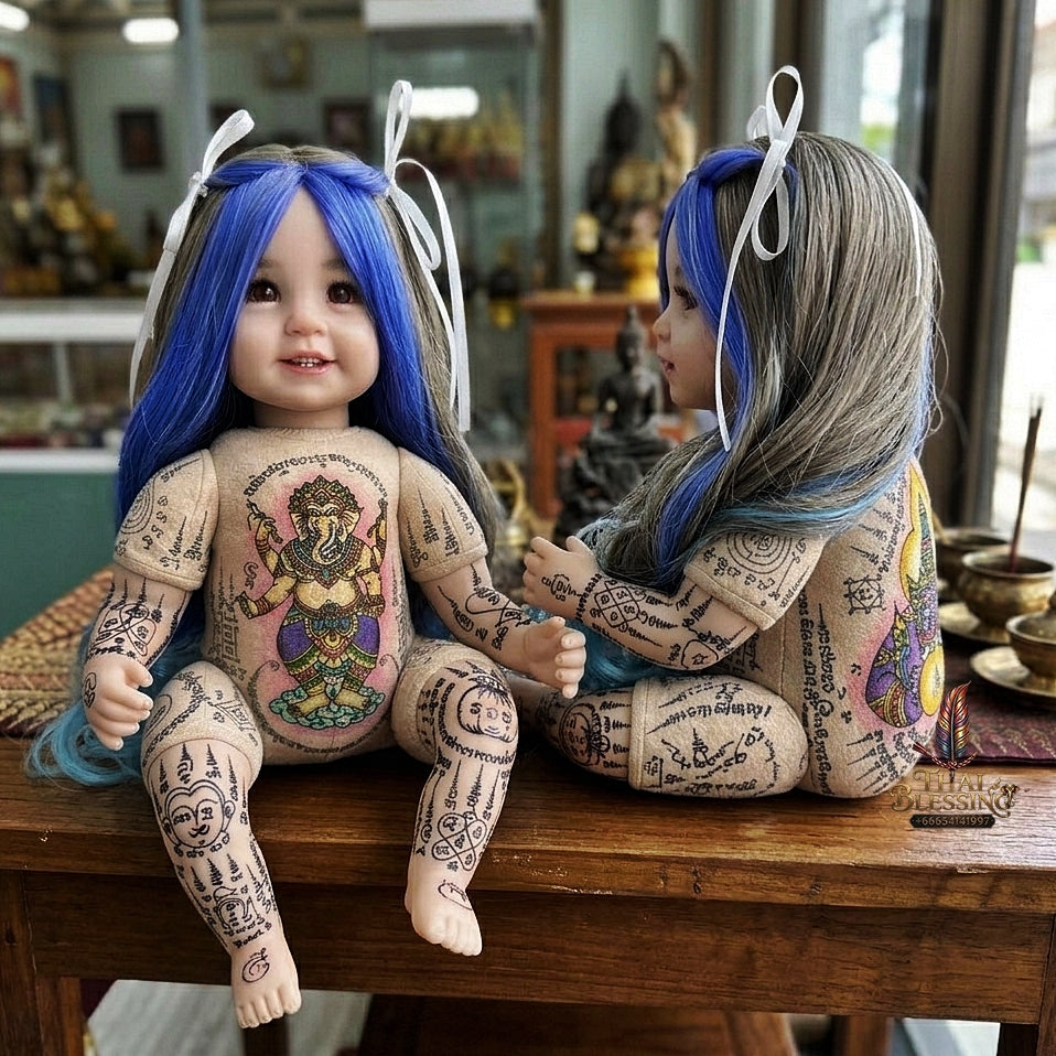 Authentic Thai Kumaree Look Thep Female Spirit Child Doll - Two-Tone Blue & Brown Hair Edition with Hand-Inscribed Colored Ganesha & Rahu Yantras by Achan Sombat for Success, Wealth & Protection