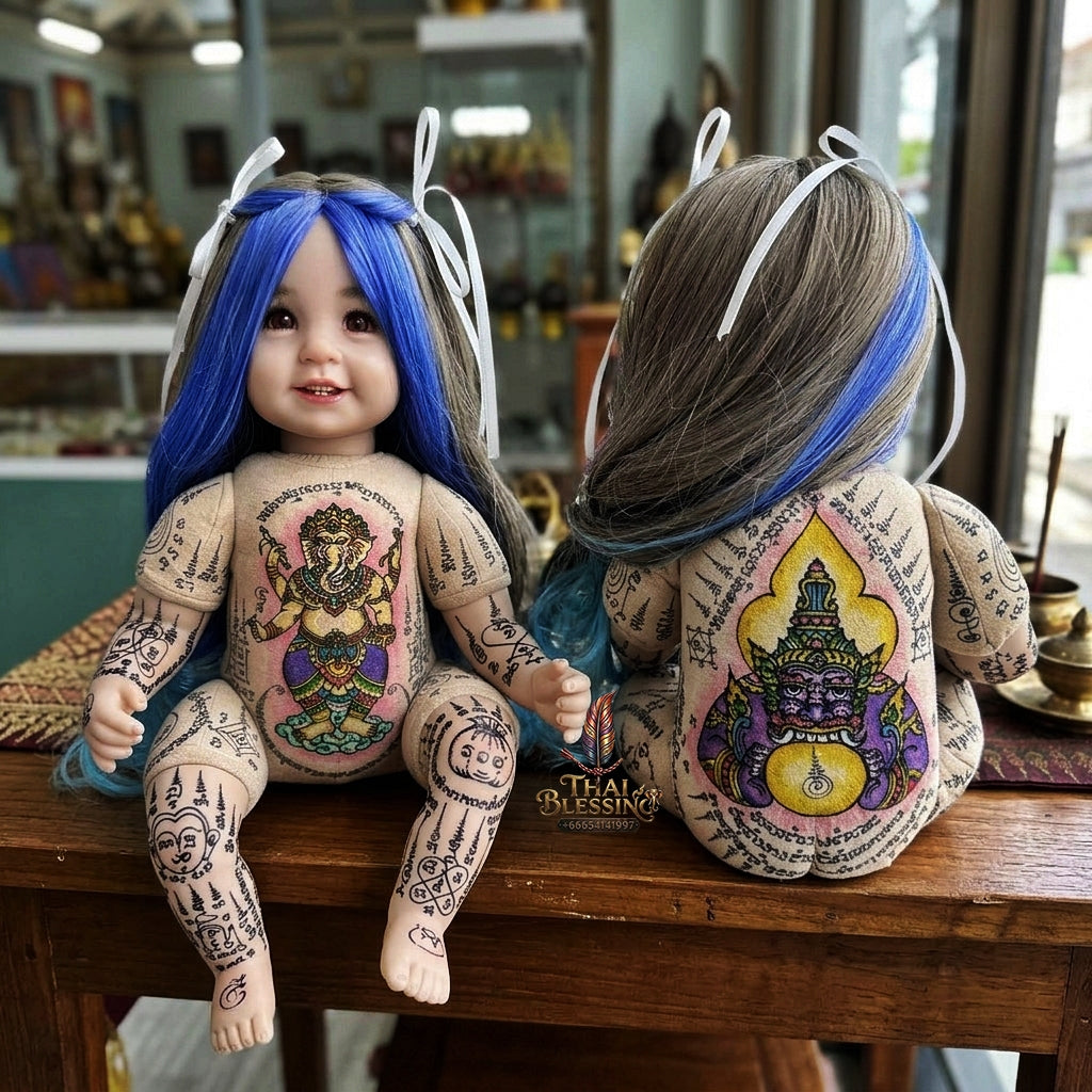 Authentic Thai Kumaree Look Thep Female Spirit Child Doll - Two-Tone Blue & Brown Hair Edition with Hand-Inscribed Colored Ganesha & Rahu Yantras by Achan Sombat for Success, Wealth & Protection