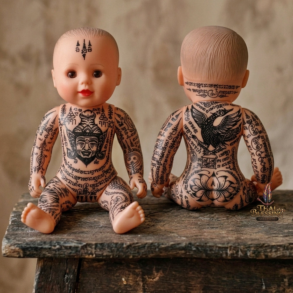 Authentic Thai 18-Inch Kuman Thong Look Thep Spirit Child Doll - Hand-Inscribed Ancient Calligraphy Full-Body Sacred Yantra Edition with Ruesi Teacher & Garuda Yantras for Business Wealth & Luck
