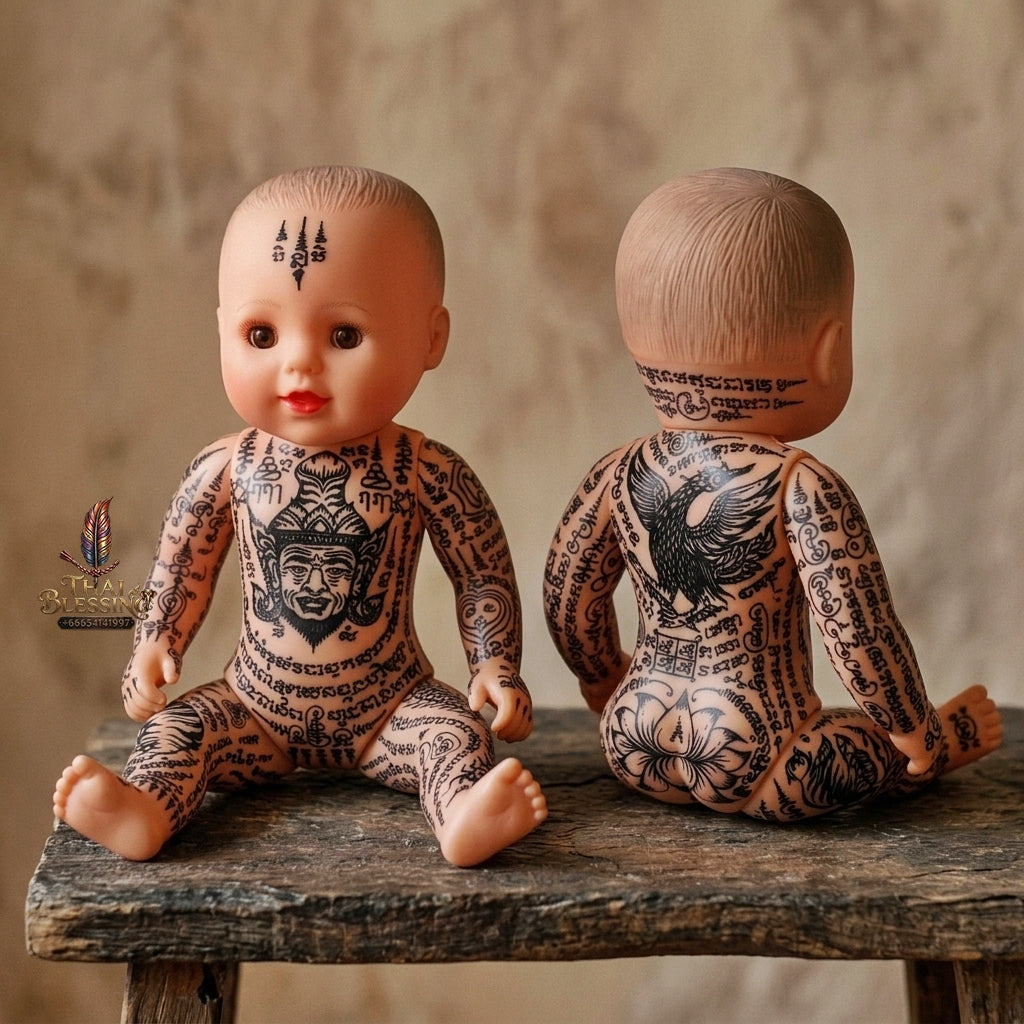 Authentic Thai 18-Inch Kuman Thong Look Thep Spirit Child Doll - Hand-Inscribed Ancient Calligraphy Full-Body Sacred Yantra Edition with Ruesi Teacher & Garuda Yantras for Business Wealth & Luck