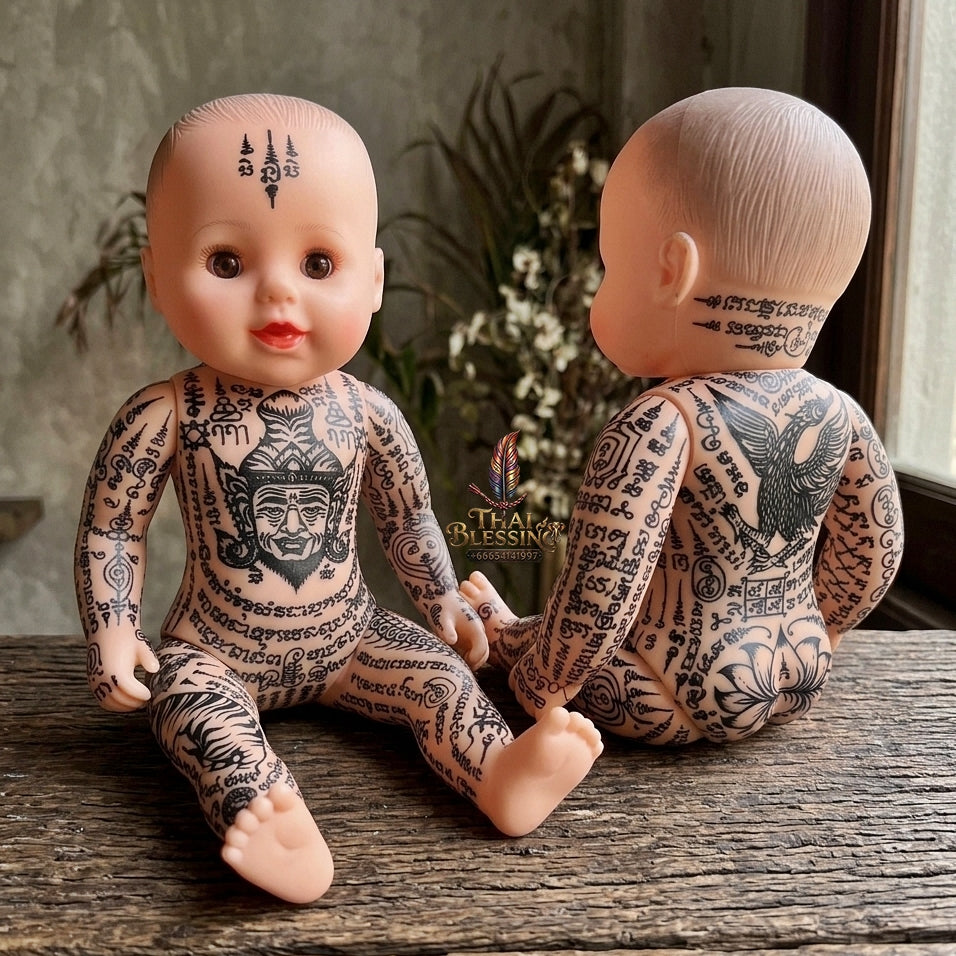 Authentic Thai 18-Inch Kuman Thong Look Thep Spirit Child Doll - Hand-Inscribed Ancient Calligraphy Full-Body Sacred Yantra Edition with Ruesi Teacher & Garuda Yantras for Business Wealth & Luck