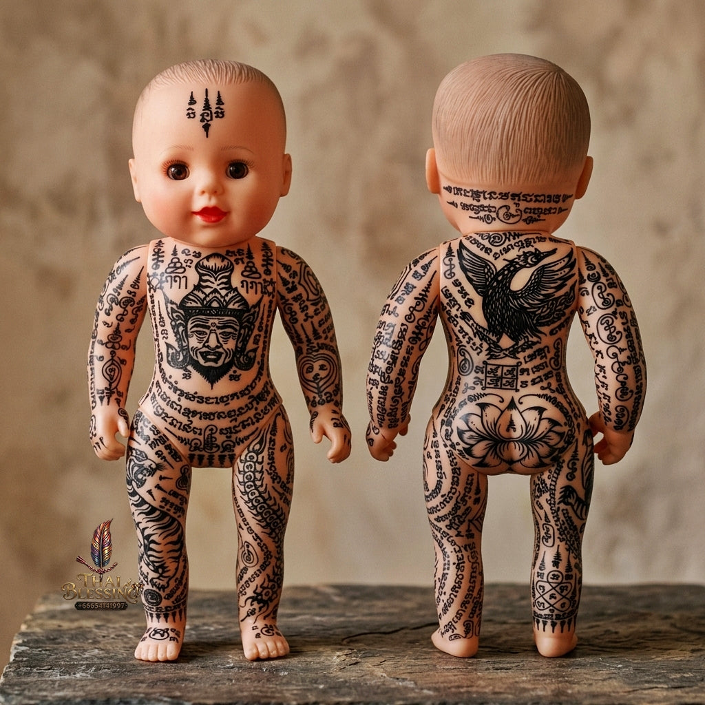 Authentic Thai 18-Inch Kuman Thong Look Thep Spirit Child Doll - Hand-Inscribed Ancient Calligraphy Full-Body Sacred Yantra Edition with Ruesi Teacher & Garuda Yantras for Business Wealth & Luck