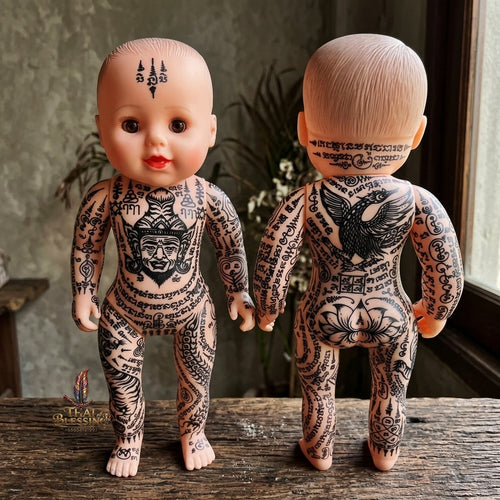 Authentic Thai 18-Inch Kuman Thong Look Thep Spirit Child Doll - Hand-Inscribed Ancient Calligraphy Full-Body Sacred Yantra Edition with Ruesi Teacher & Garuda Yantras for Business Wealth & Luck