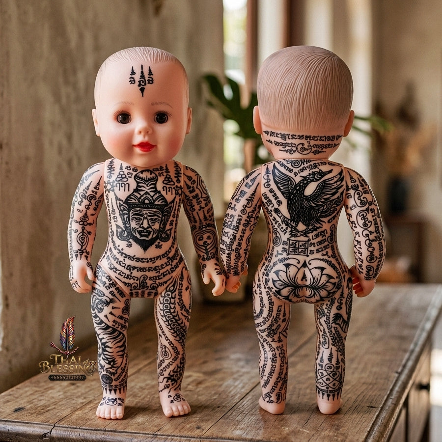 Authentic Thai 18-Inch Kuman Thong Look Thep Spirit Child Doll - Hand-Inscribed Ancient Calligraphy Full-Body Sacred Yantra Edition with Ruesi Teacher & Garuda Yantras for Business Wealth & Luck