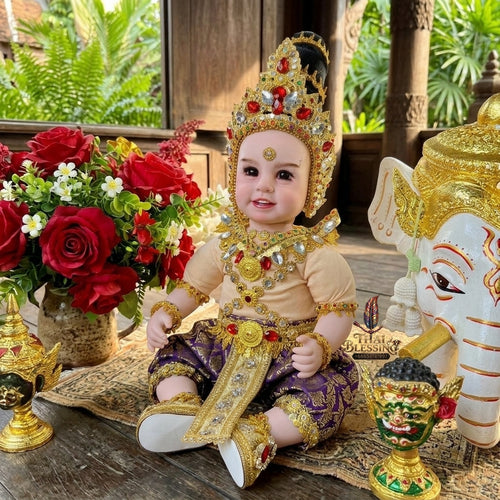 Authentic Thai 22-Inch Premium Royal Thai King Regalia Look Thep Kuman Thong Spirit Child Doll - Purple & Gold Thai Traditional Costume Edition with Majestic Crown & Rubies for Extreme Metta Charm, Business Wealth & Supreme Authority