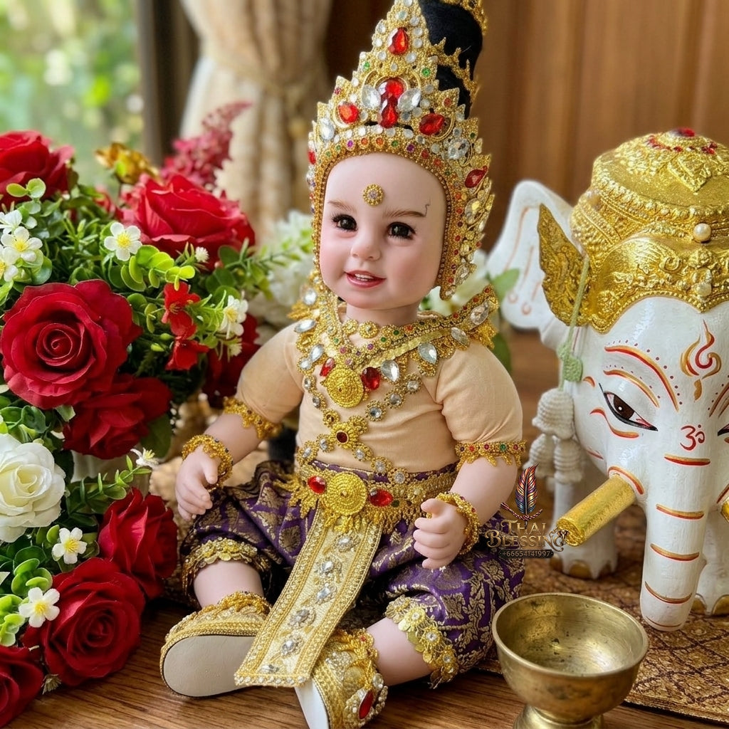 Authentic Thai 22-Inch Premium Royal Thai King Regalia Look Thep Kuman Thong Spirit Child Doll - Purple & Gold Thai Traditional Costume Edition with Majestic Crown & Rubies for Extreme Metta Charm, Business Wealth & Supreme Authority