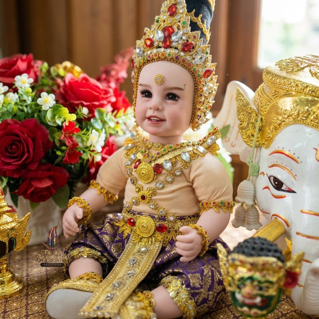 Authentic Thai 22-Inch Premium Royal Thai King Regalia Look Thep Kuman Thong Spirit Child Doll - Purple & Gold Thai Traditional Costume Edition with Majestic Crown & Rubies for Extreme Metta Charm, Business Wealth & Supreme Authority