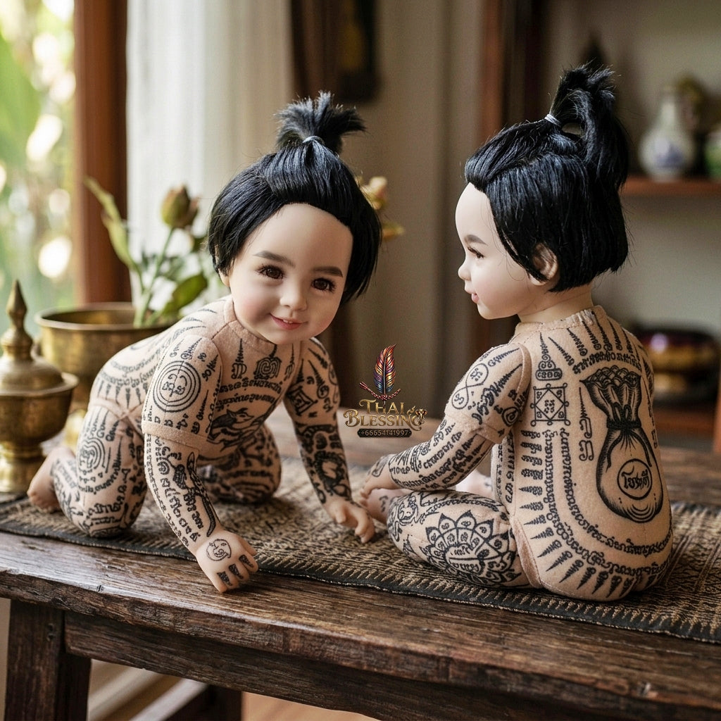Authentic Thai Kuman Thong Look Thep Male Spirit Child Doll - Topknot Hair Edition with Hand-Inscribed Full-Body Sacred Yantra Inscriptions, 9-Tailed Fox & Money Bag Yantras for Extreme Business Wealth, Luck & Prosperity