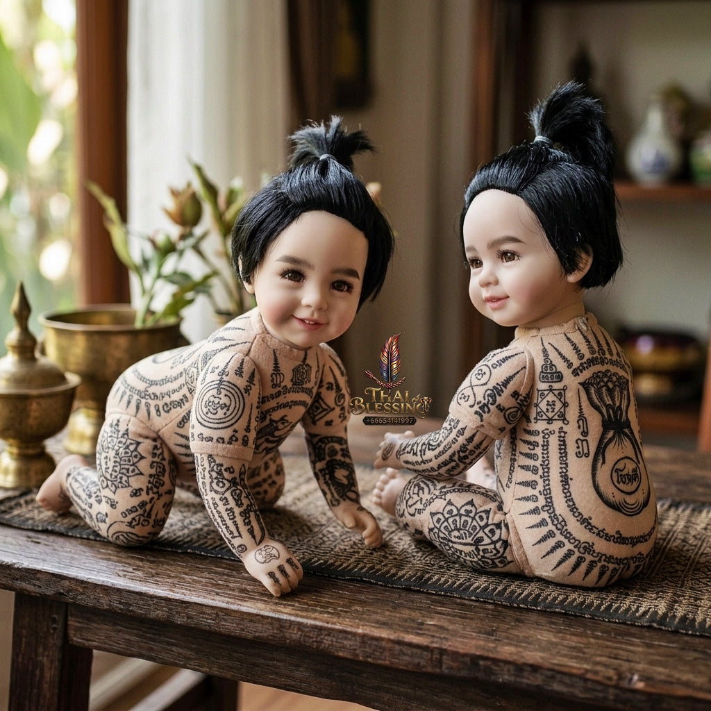 Authentic Thai Kuman Thong Look Thep Male Spirit Child Doll - Topknot Hair Edition with Hand-Inscribed Full-Body Sacred Yantra Inscriptions, 9-Tailed Fox & Money Bag Yantras for Extreme Business Wealth, Luck & Prosperity