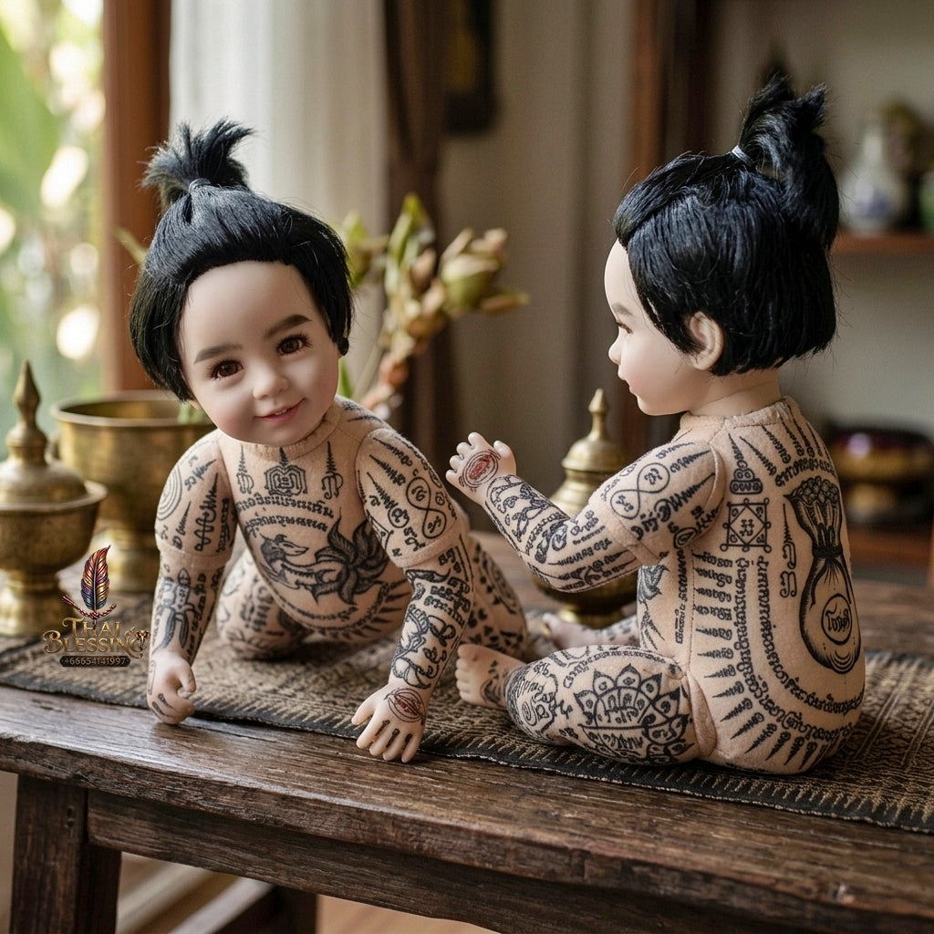 Authentic Thai Kuman Thong Look Thep Male Spirit Child Doll - Topknot Hair Edition with Hand-Inscribed Full-Body Sacred Yantra Inscriptions, 9-Tailed Fox & Money Bag Yantras for Extreme Business Wealth, Luck & Prosperity